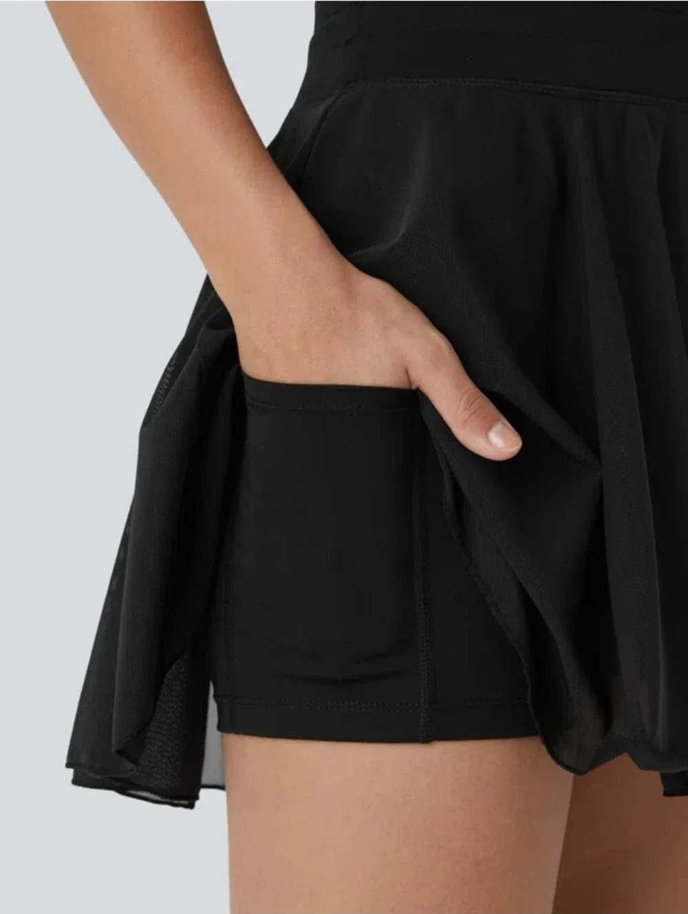 High Waisted Drawstring Contrast Mesh 2-in-1 Pocket Flowy Mini Flare Casual Skir